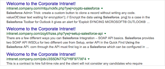Mock-up of a search result page where all the results have the same title.