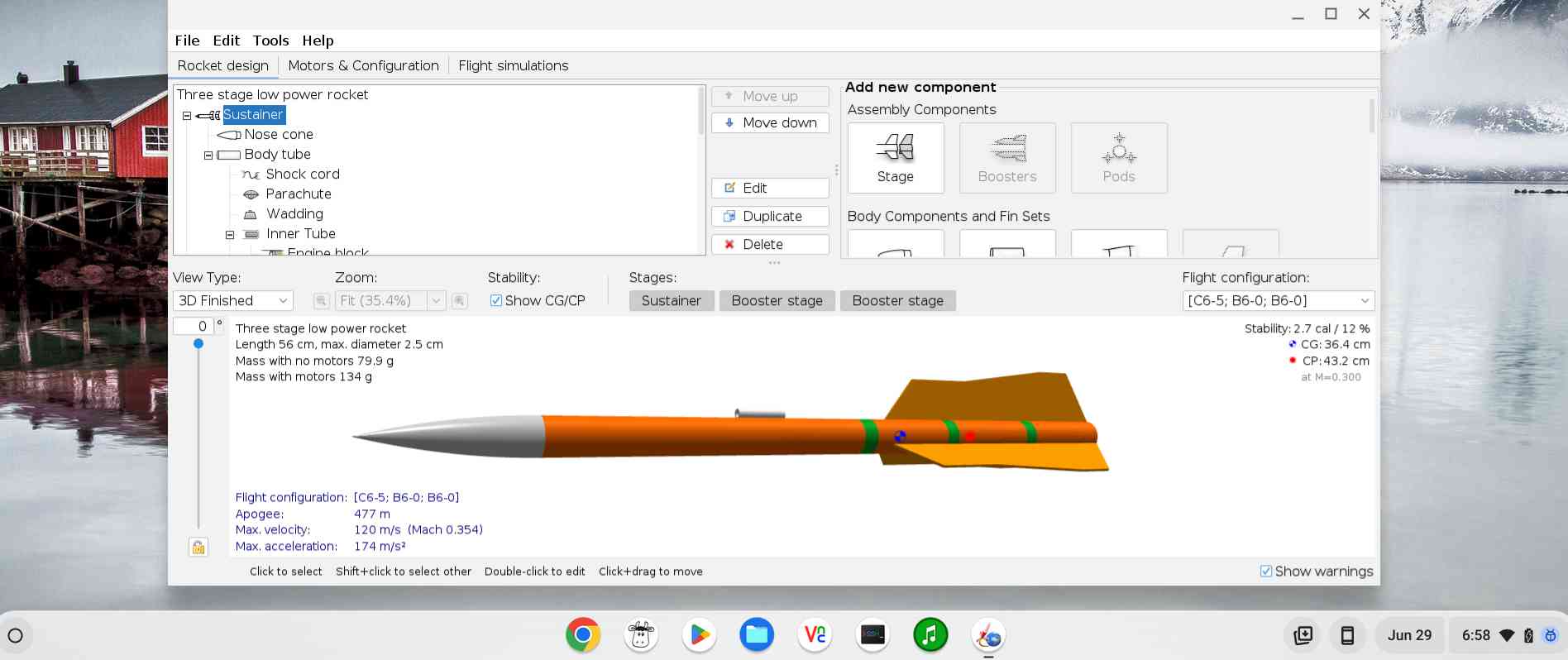 OpenRocket open on a Chromebook screen